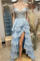 Light Blue Lace Sweetheart Tiered Long Semi Formal Prom Dress with Slit